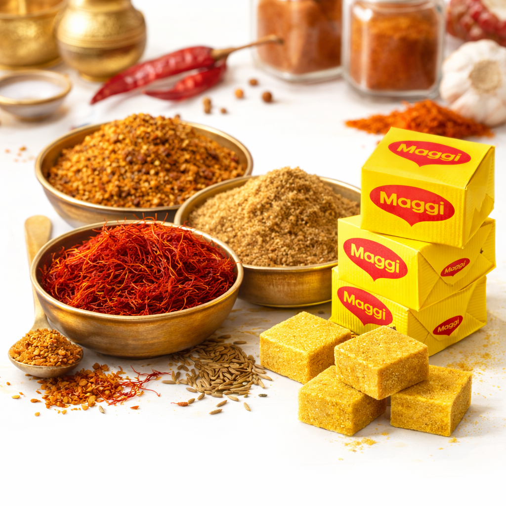 Assortiment d'épices orientales traditionnelles Ras el Hanout et cubes Maggi pour tajines à la Boucherie Nador.