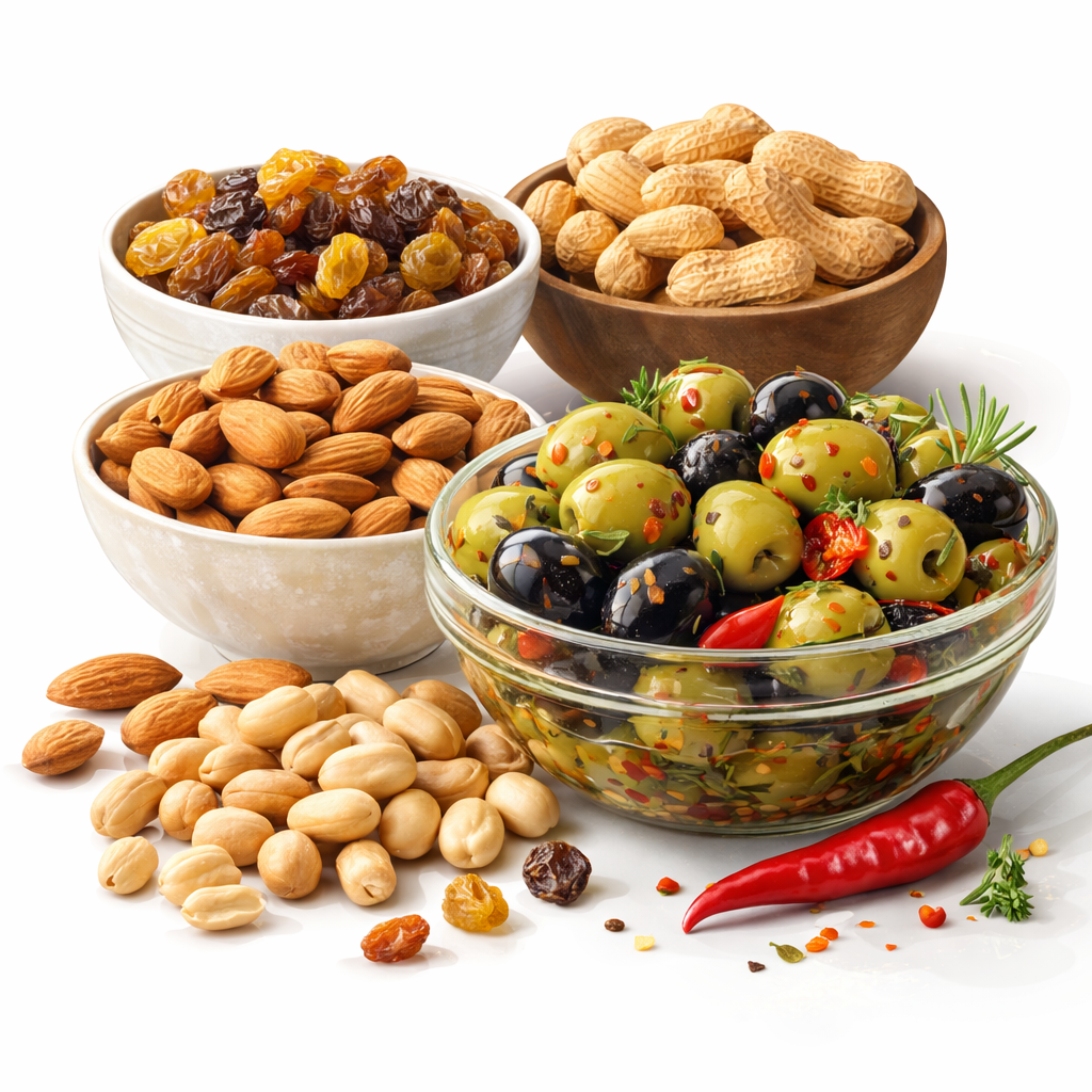 Sélection de fruits secs amandes et olives marinées aux herbes et piments - Épicerie fine Bordeaux.