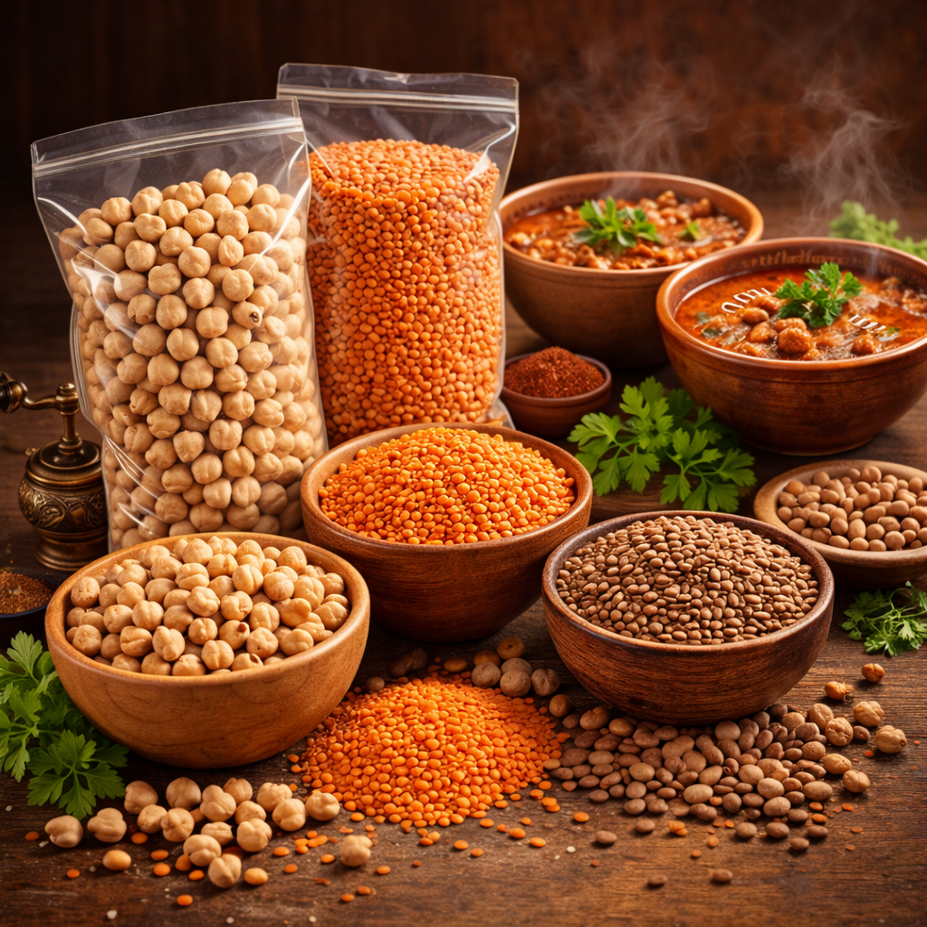 Sachets transparents remplis de pois chiches, lentilles et mélange de légumes secs, avec bols de soupe type harira et chorba en arrière-plan.