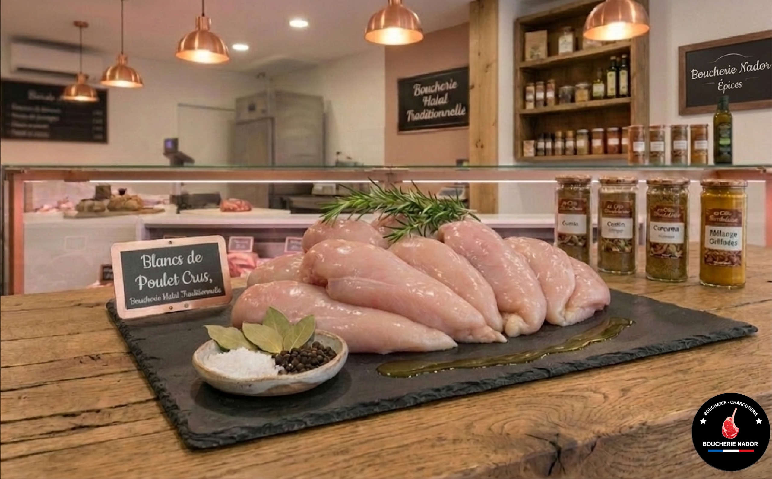 Filets et blancs de poulet halal tendres découpés avec précision pour escalopes et plats en sauce.