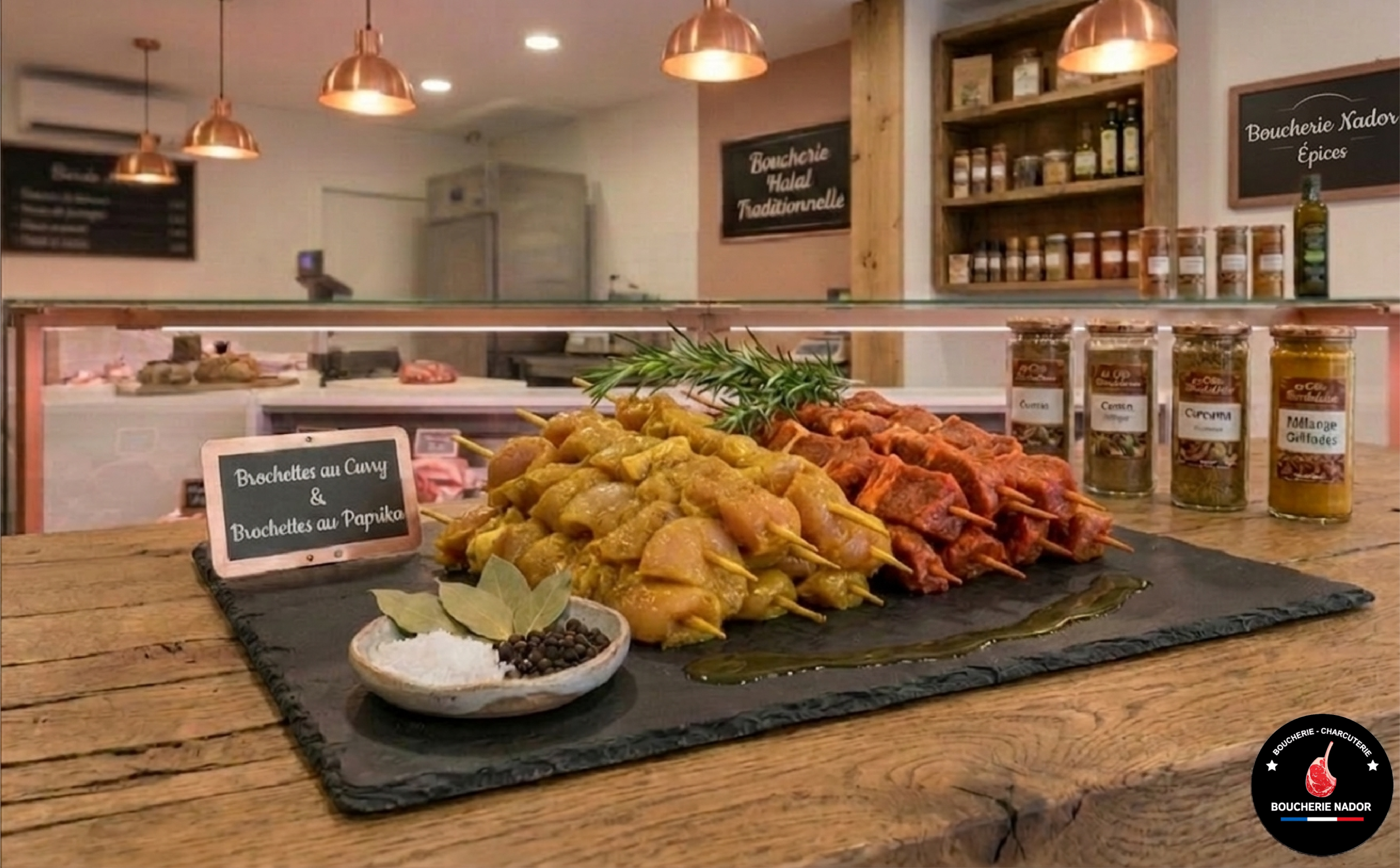 Brochettes de poulet marinées maison au curry et paprika prêtes pour grillades - Boucherie Nador.