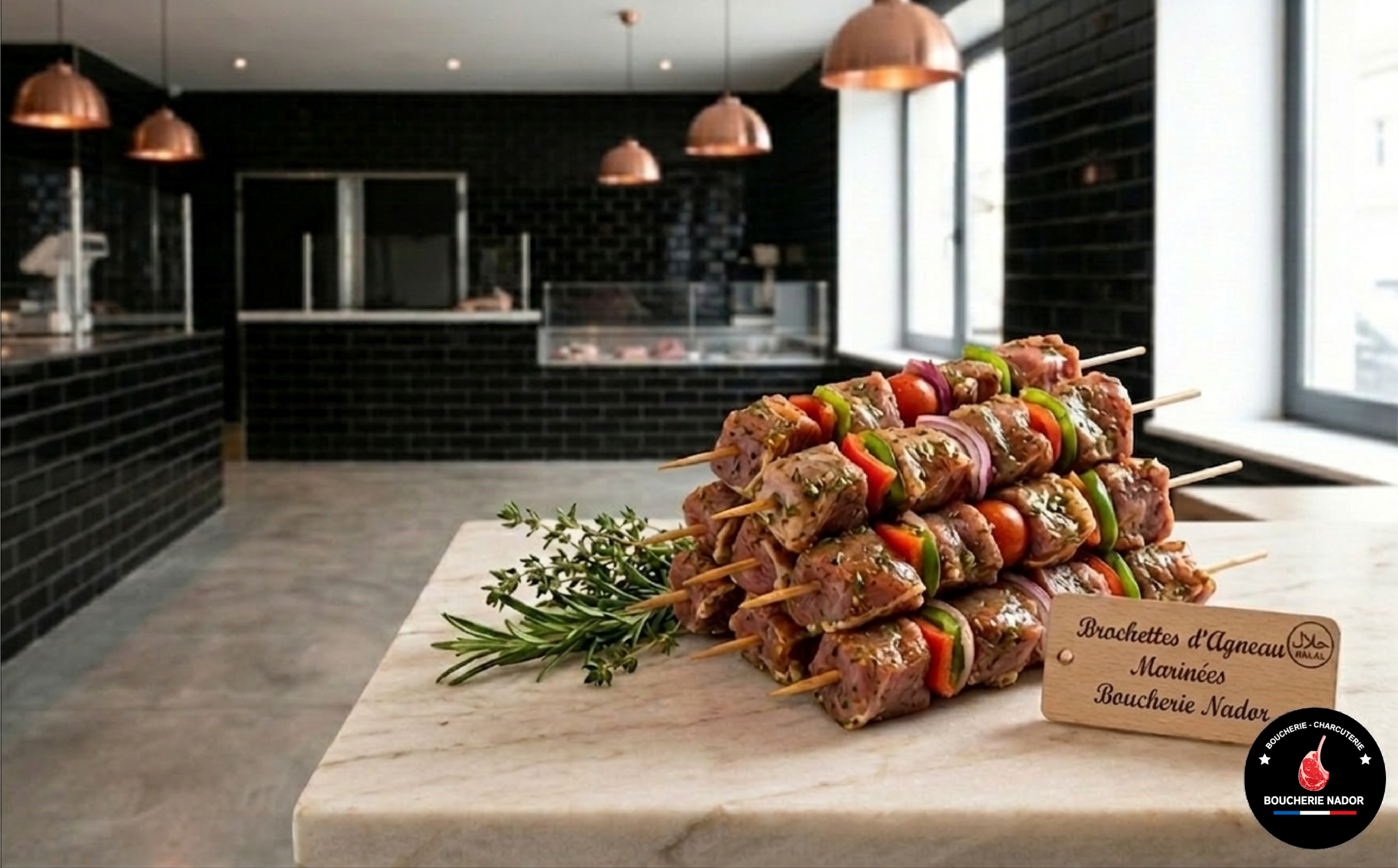 Brochettes d'agneau marinées aux épices orientales maison, 100% Halal et prêtes à cuire.