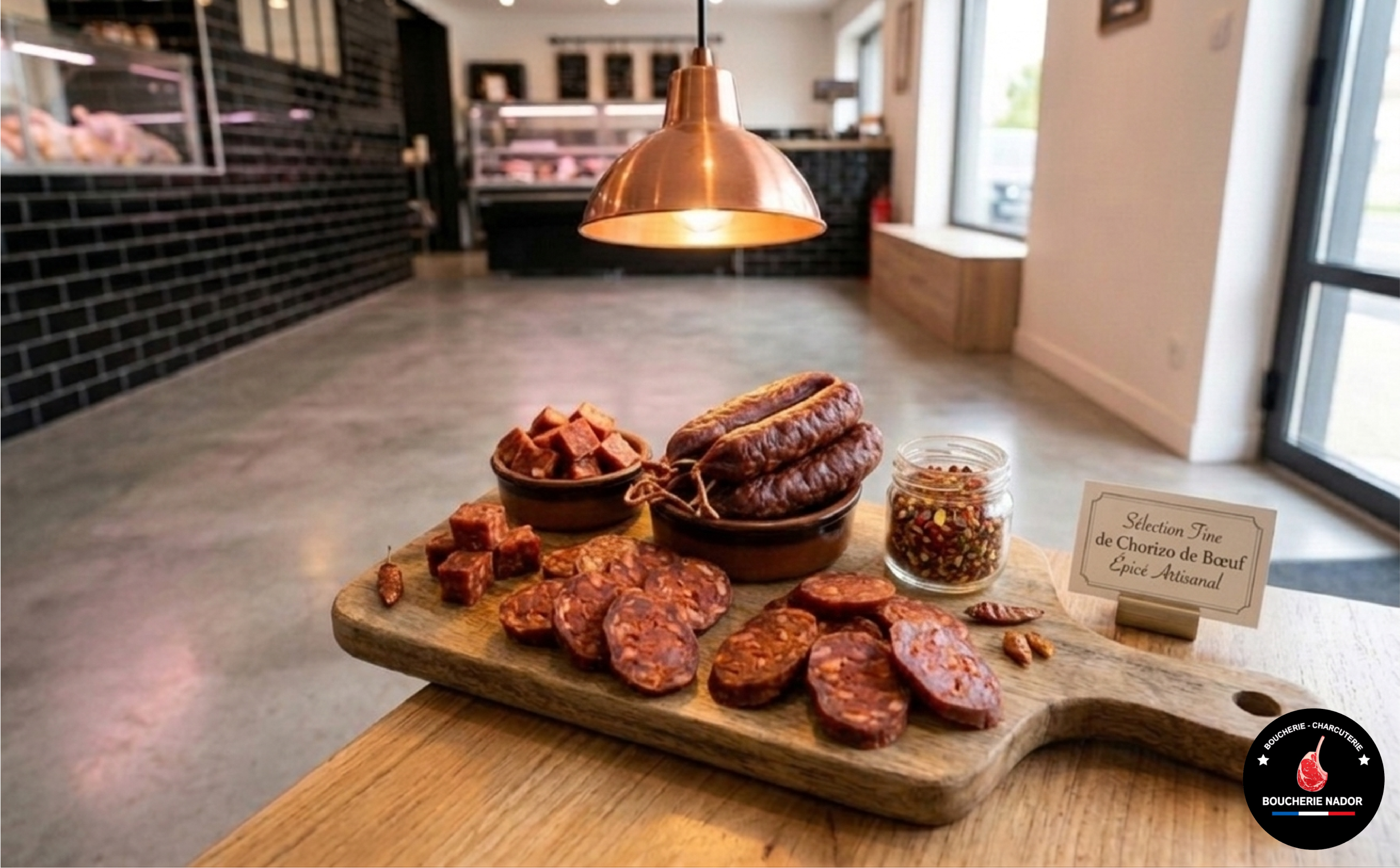 Chorizo de bœuf épicé artisanal idéal pour pizzas et apéritifs dînatoires à Bordeaux.