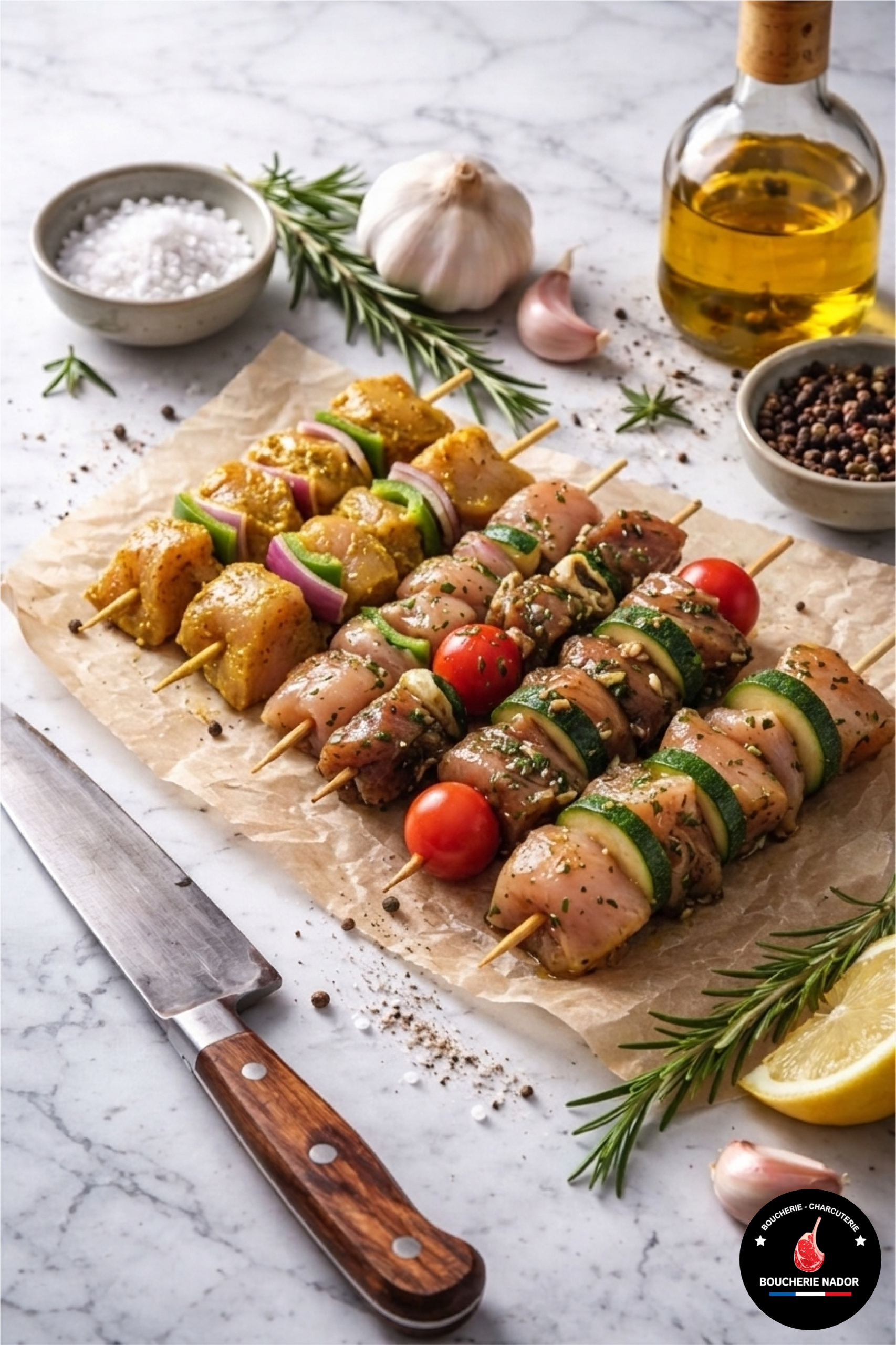 Brochettes de poulet mariné aux épices, viande halal fraîche de la Boucherie Nador.