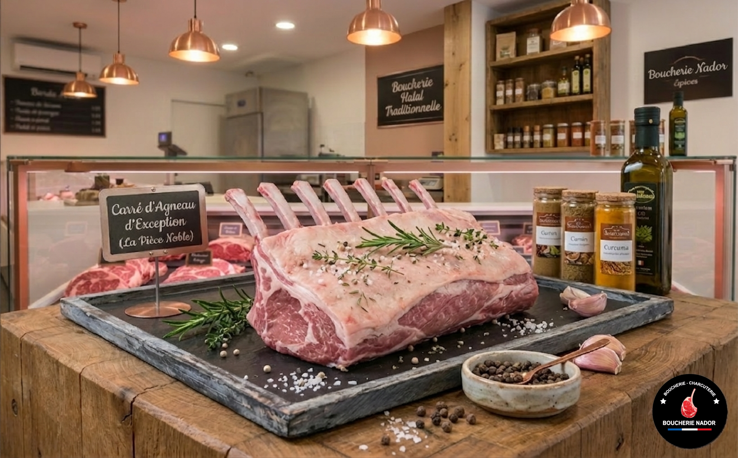 Magnifique carré d'agneau Halal, préparé artisanalement (manchonné), reposant sur une planche de boucher en chêne avec un brin de romarin frais et quelques gousses d'ail.