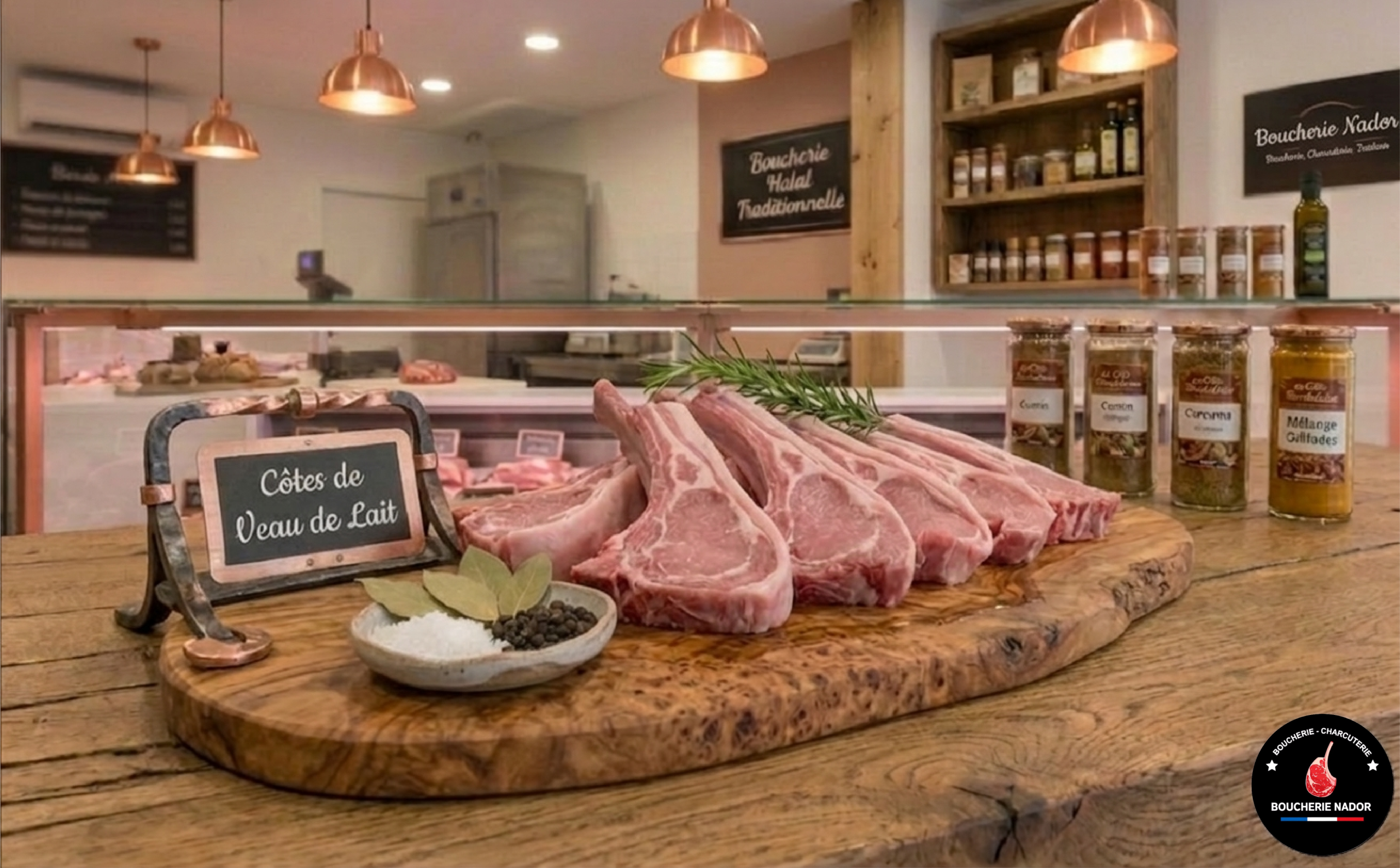 Côtes de veau premium, d'une belle couleur rose pâle et persillées, délicatement posées sur une surface en marbre.