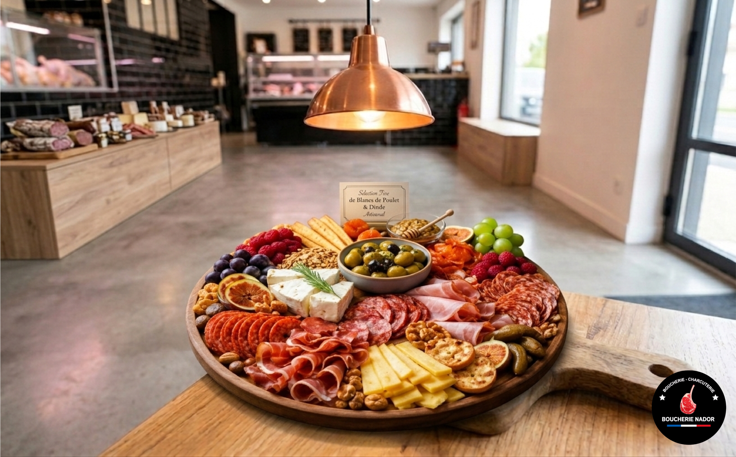 Plateau de charcuterie fine halal incluant mortadelle aux olives et jambon de bœuf séché.